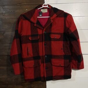 Vintage Johnson Woolen Mills Buffalo Wool Plaid Hunting Coat‎ Size 44 Red Hooded